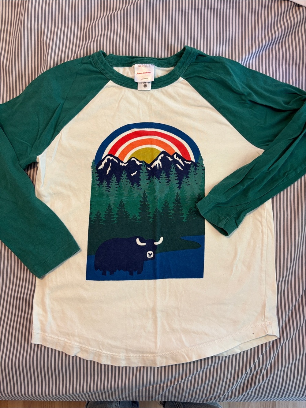Hanna Andersson Green & Off White Raglan Tee with Forest & Rainbow Graphic